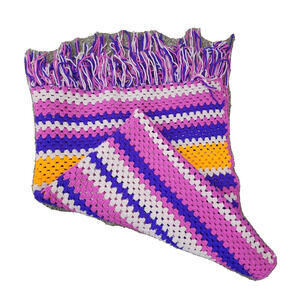 Vtg Crochet Afghan Blanket Throw Pink Stripe Twin Fringe 4 x 6 Blanket Sofa 70s